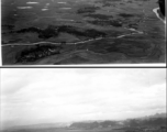 Aerial view of rice paddies and karst mountains in SW China or Indochina, during WWII.