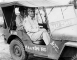 Major Gen. Charles B. Stone, and another officer, riding a 341st Bomb Group, 14th Air Force, jeep during a visit to Yangkai on the August 29, 1945.  The jeep has stenciled "Chabua" (India), however groups and materials moved around, so it is not surprising to see this jeep in China, especially by the summer of 1945.