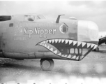 Nose art of a Consolidated B-24 bomber "Nip Nipper." This is later in the war, and the B-24 has been modified to carry cargo, with the nose guns (and much more) removed.