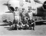 American aircrew men with the B-25H "Wabash Cannonball", of the 491st Bomb Squadron, at Yangkai Airbase, Yunnan Province, China, in the CBI.  In unknown order, back row; 1Lt. Robert P. Ridley (pilot), Captain William F. Shutts (pilot), 1Lt. Sterling L Plunkett (nav-bomb); Front row (left to -right) S/Sgt Charles M. Sugg (engineer-gunner), T/Sgt John P. Humphries (radio-gunner), S/Sgt Walter U. Stachler (armorer-gunner).