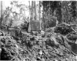 Bulldozer pushing dirt in Burma.  797th Engineer Forestry Company in Burma.  During WWII.