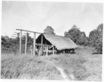 A woman in a thatch house on stilts in Burma.  Near the 797th Engineer Forestry Company.  During WWII.