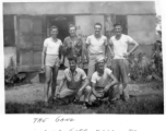 "The Gang: Luke, Guff, Harry, Tom  Stan & Jughead."  Leonard J. Lueken (Radar Operator), Martin H. McGuffin (Gunner), Harry Russell (top turret gunner), Thomas Carroll (Gunner), S/Sgt. Stanley Berman (Engineer), S/Sgt. Wayne "Jughead" Shirley (nose gunner).  Crew of B-24 bomber of the 9th Bombardment Squadron, 7th Bombardment Group, 10th Air Force, pose in front of lodging or office during WWII.