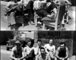 American GIs read (top image), and pose with Chinese staff person, at an American base in China during WWII.