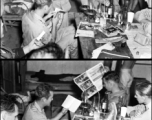 Barracks/hostel life for American servicemen, possibly at Yangkai base, Yunnan province, China.  From the collection of Wozniak, combat photographer for the 491st Bomb Squadron, in the CBI.