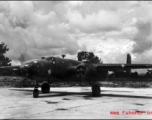 A B-25 of the Ringer Squadron, propellers spinning, in the CBI.