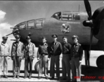 Gen. Claire Chennault, Commander of 14th Air Force made a "surprise" visit to Yangkai in February 1944 to brief the flight leaders on a new bombing technique. Here he stands with officers of the 341st Bombardment Group (BmGrp), 11th, 22nd and 491st Bomb Squadrons.  From left; Col. Caleb Haynes(?), Maj Edison Weatherly (22nd C.O.), Maj. James Callaway (491st CO), B.Gen Claire Chennault, Lt. Col. Morris Tabor (341st C.O.), Maj McIntire (C.O. Yangkai AB), Maj. Soper (341st HQ staff).  The 22nd Bm Sq early insi