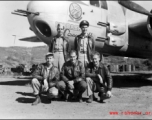 491st Bomb Squadron air crew at Yangkai, China, with the B-25H "Wabash Cannonball". In back are Lt. Jack H. Wilson (pilot) and Lt. Russell M. Howard (navigator), with S/Sgt Ira M. Brown (gunner; kneeling, far left), T/Sgt. Donald Gralla (radio) , and  S/Sgt Leonard J. Bendinsky (flight engineer).