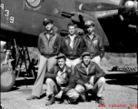 Posing beside B-25J # 439, "Niagra's Belle", of the 491st Bomb Squadron, are crewmembers; (left to right, back) Capt Kenneth R. Bridges (pilot), S/Sgt Joseph T. Young (flight engineer), Lt Arthur J. White, Jr., (bombardier); (front) T/Sgt James E. Starling and S/Sgt John H. McGee. Photo was taken at Yangkai, China.  Later Ken Bridges (January 19, 1945) and John McGee (April 2, 1945) were Killed In Action.