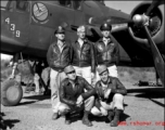 A squadron aircrew poses B-25J, #"439 of the 491st Bomb Squadron, at Yangkai, China. (left-right)  Rear; 1Lt Murtrie W. Dula (copilot); S/Sgt George E. Sisson (engineer), Capt. Thomas O. Coleman (pilot) front; S/Sgt William S. Gillis (radio) and S/Sgt John S. Morrison (gunner)