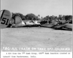 Take-off crash of 7th Bomb Group, 436th Bomb Squadron, B-24 on November 11, 1944. Tail number #440814. In Pandeveswar, India. Photo from W. A. Delahay.  In the CBI.