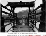 All bamboo "cables" and wood walkway suspension bridge over Min River, Guan county (Guanxian/Kwan Hsien), China, August 1945.  Photo from Selbert.