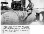 Tail gunner S/Sgt. J. W. Robinson (Robbie), 444th Bombardment Group  (originally of the 676th Bombardment Squadron), rides a 4000 lb destined for Japan in WWII, on June 7, 1945.