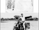 A GI rides a motorcycle at a base in the CBI, while a C-46 transport plane is parked in the background. 1944.  Photo from James H. Aurelius. 