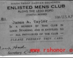 315th Troop Carrier Squadron enlisted men's club card for James A. Taylor, 10th Air Force.