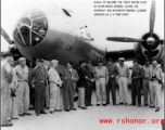 VIPs welcome first B-29 bomber, "K-45" to arrive in China during WWII--Major General Claire Chennault and Brigadier General LaVerne Saunders #6 & 8 from right.