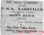 USS Nashville ship's company's invitation to Ship's Dance at the Shanghai Race Course Stadium on October 22, 1945, after WWII.