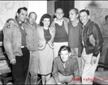 Capt. James Stewart and Lt. Alex LeVay bracket five members of USO Tour Group at Yangkai, Oct 1944. Recognizable are Betty Colby and Pat O'Brien.  From the collection of Frank Bates. 