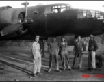 Swinging 59 gear, about June 1943, Chaukulia, India.  Dick Hoffman, Johnnie Burns, Pappy (Olin A.) Knowles, Karl Hammett, John Damanick[?], Farrin (?) in cockpit.