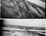 A railway bridge is bombed by American aircraft along a river, probably in SW China, Indochina, or the China-Burma border region.