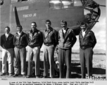 A crew of the 11th Bomb Squadron, 341st Bomb Group, stands beside a B-25 "Tokyo Jo" somewhere in China on 2 February 1943.  They are:  Capt. E. W. Holstrom Lt. L. J. Murphy Capt. Clayton Campbell Lt. George A. Stout T/Sgt. Douglas V. Radney S/Sgt. Robert T. Schafer