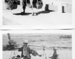 Man shouldering vegetables across the bridge at Luliang, and man with kids carrying scraps of wood.