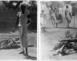 The dead in preparation for cremation, or in the midst of cremation.  Scenes in India witnessed by American GIs during WWII. For many Americans of that era, with their limited experience traveling, the everyday sights and sounds overseas were new, intriguing, and photo worthy.