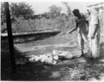 Men look at unfortunate souls, dead from famine, disease, or some other cause.  Scenes in India witnessed by American GIs during WWII. For many Americans of that era, with their limited experience traveling, the everyday sights and sounds overseas were new, intriguing, and photo worthy.