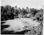 Tropical village with large pond.  Scenes in India witnessed by American GIs during WWII. For many Americans of that era, with their limited experience traveling, the everyday sights and sounds overseas were new, intriguing, and photo worthy.
