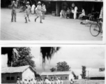 GIs explore an Indian street (including one with a camera; top), and Indian soldiers march on a base, within wooden staffs standing in for rifles (bottom).  Scenes in India witnessed by American GIs during WWII. For many Americans of that era, with their limited experience traveling, the everyday sights and sounds overseas were new, intriguing, and photo worthy.